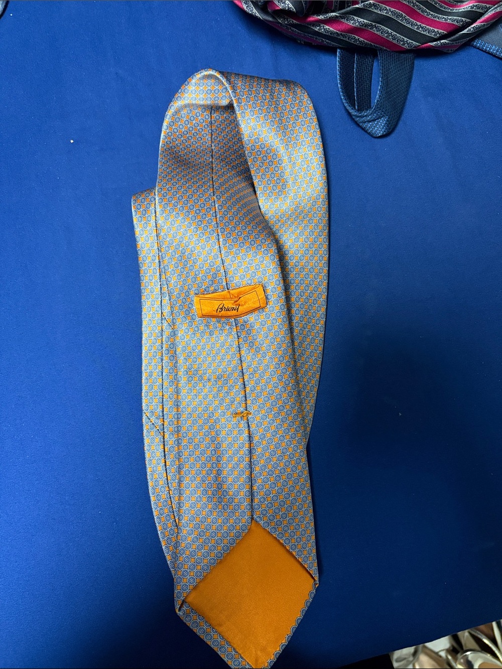 Brioni Blue Tie with Orange Geometric Motif
